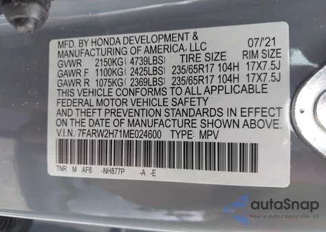 2021 Honda Cr-V Awd Special Edition from USA, damaged, VIN 7FARW2H71ME024600